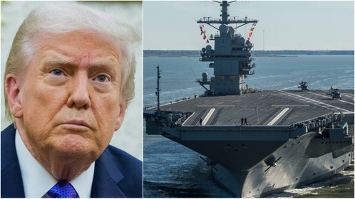 President Donald Trump ordered the deployment of the Gerald R. Ford Carrier Strike Group to the Caribbean to fight the cartels, but is the real target Venezuela? (Photo by Mass Communication Specialist 2nd Class Ridge Leoni/U.S. Navy via Getty Images and Aaron Schwartz/CNP/Bloomberg via Getty Images)