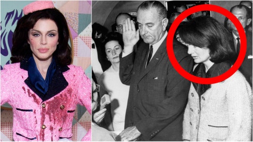 Actress and model Julia Fox dressed as Jackie Kennedy following JFK's assassination for Halloween. Check out photos of her costume, which features fake blood. (Photo by © Bettmann/CORBIS/Bettmann Archive via Getty Images and Photo by Santiago Felipe/Getty Images)