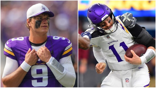 Side-by-side of Minnesota Vikings' quarterbacks J.J. McCarthy and Carson Wentz.