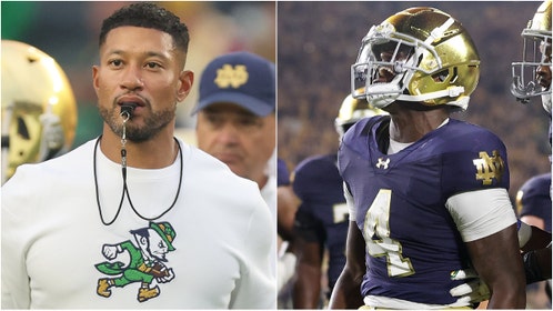 Notre Dame coach Marcus Freeman found out a player did a sex celebration after an awkward conversation with his wife. Watch a video of his comments. Watch Jeremiyah Love's celebration. (Photo by Michael Reaves/Getty Images and Photo by Michael Reaves/Getty Images)