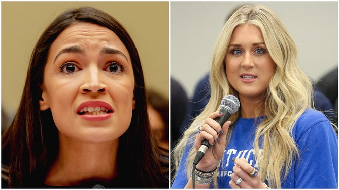 Side-by-side of Rep. Alexandria Ocasio-Cortez and Riley Gaines.