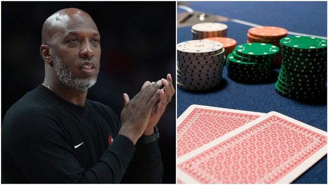 Photo of NBA head coach Chauncey Billups split with a photo of a generic poker table.