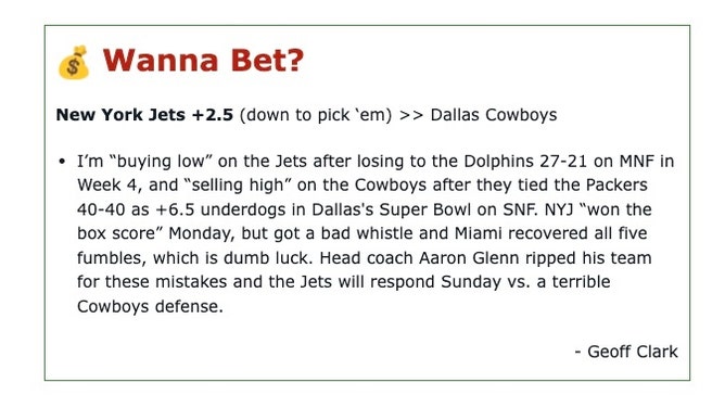 My analysis for the Dallas Cowboys at New York Jets game in NFL Week 5 for OutKick's daily newsletter. 