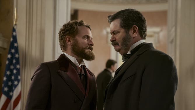 Death by Lightning. (L to R) Shea Whigham as Roscoe Conkling, Nick Offerman as Chester A. Arthur in episode 104 of Death by Lightning. Cr. Larry Horricks/Netflix © 2025