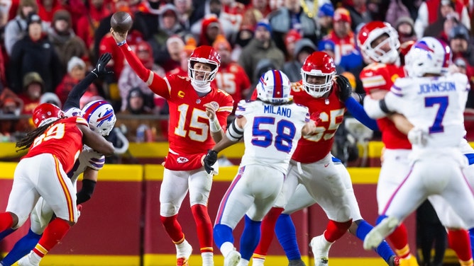 Kansas City Chiefs QB Patrick Mahomes drops back to pass vs. the Buffalo Bills during the 2025 AFC Championship at GEHA Field at Arrowhead Stadium. (Photo Credit: Mark J. Rebilas-Imagn Images)