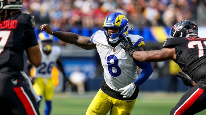 Los Angeles Rams pass-rusher Jared Verse gets after Houston Texans QB C.J. Stroud in NFL Week 1 at SoFi Stadium. (Photo Credit: Kiyoshi Mio-Imagn Images)