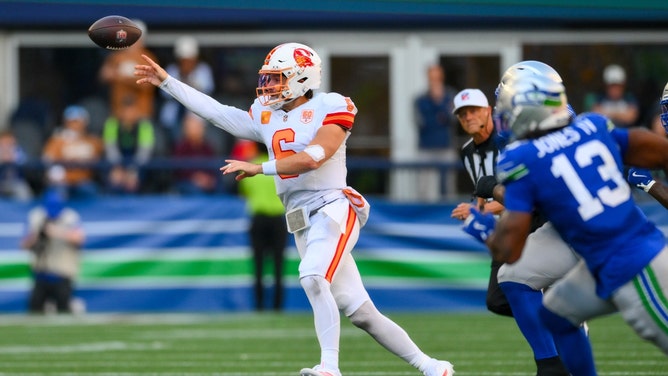 Tampa Bay Buccaneers QB Baker Mayfield throws the ball vs. the Seattle Seahawks at Lumen Field in Washington. (Photo credit: Steven Bisig-Imagn Images)
