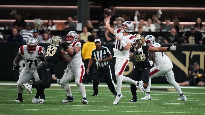 New England Patriots QB Drake Maye throws downfield against the New Orleans Saints at Caesars Superdome in NFL Week 6. (Photo credit: Matthew Hinton-Imagn Images)
