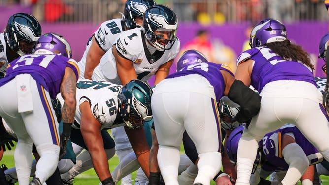 The Philadelphia Eagles line up to run the 