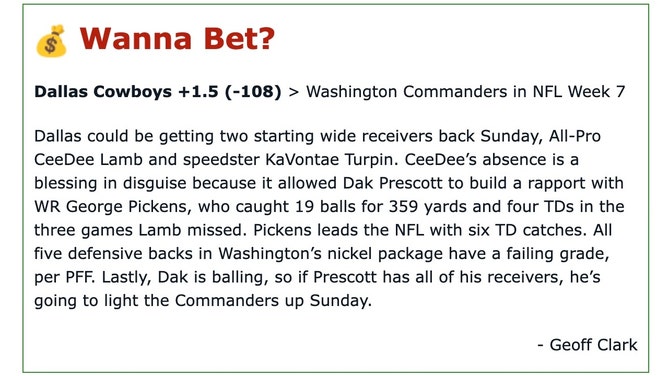 My analysis of the Washington Commanders at Dallas Cowboys game in NFL Week 7 for OutKick's daily newsletter.