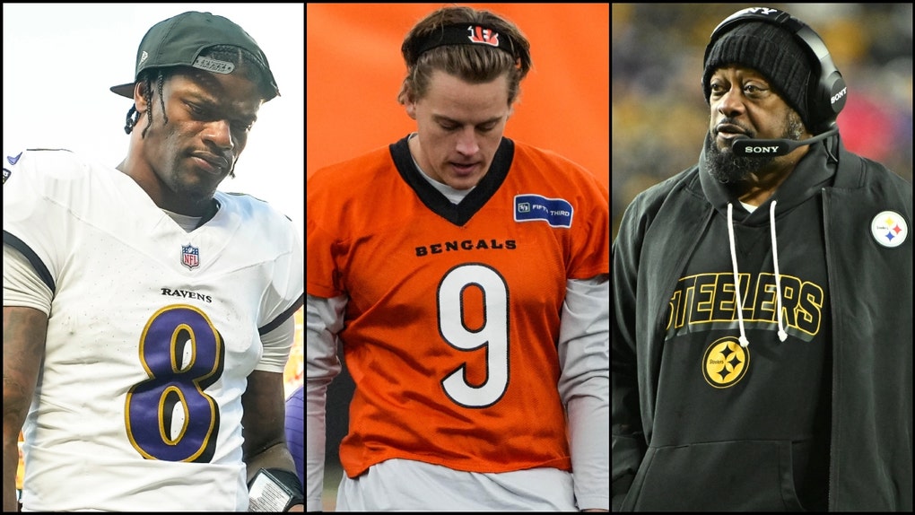 Side-by-side of Baltimore Ravens QB Lamar Jackson, Cincinnati Bengals QB Joe Burrow and Pittsburgh Steelers head coach Mike Tomlin.