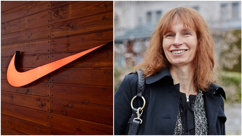 Side-by-side of Nike logo and transgender researcher Joanna Harper.