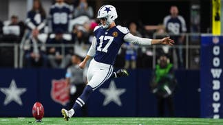 Brandon Aubrey #17 of the Dallas Cowboys kicks off during an NFL football game against the New York Giants at AT&T Stadium on November 28, 2024 in Arlington, Texas. (Photo by Cooper Neill/Getty Images)