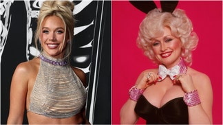 Megan Moroney channeled Dolly Parton's Playboy Bunny outfit for Halloween. (Photo by Harry Langdon/Getty Images and Photo by Catherine Powell/Getty Images for MTV)