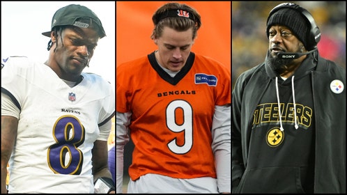 Side-by-side of Baltimore Ravens QB Lamar Jackson, Cincinnati Bengals QB Joe Burrow and Pittsburgh Steelers head coach Mike Tomlin.