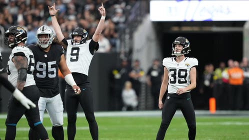 Cam Little #39 of the Jacksonville Jaguars watches his field goal attempt during the second quarter in the game against the Las Vegas Raiders at Allegiant Stadium on November 02, 2025 in Las Vegas, Nevada.