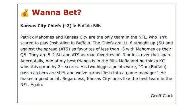 My analysis for the Kansas City Chiefs at Buffalo Bills NFL Week 9 game for the OutKick newsletter. 