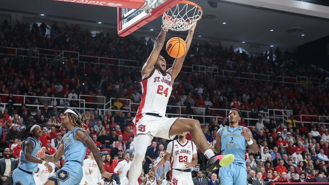 St. John's Red Storm big Zuby Ejiofor dunks it vs. Quinnipiac Bobcats at Carnesecca Arena in Queens, New York. (Photo Credit: Wendell Cruz-Imagn Images)