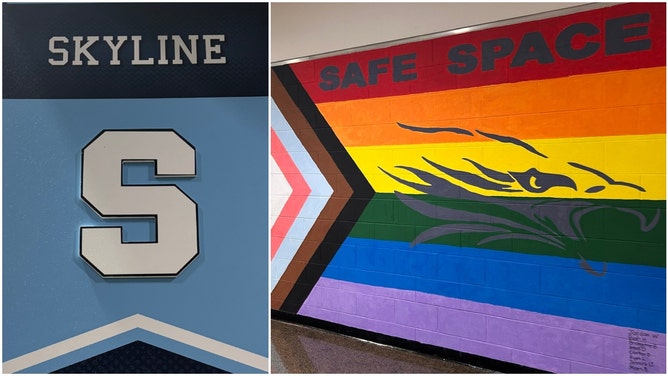Side-by-side of a Skyline High School decal and a mural inside the school that says, "Safe Space" and is adorned with both the rainbow "pride" flag and the "transgender pride" flag.