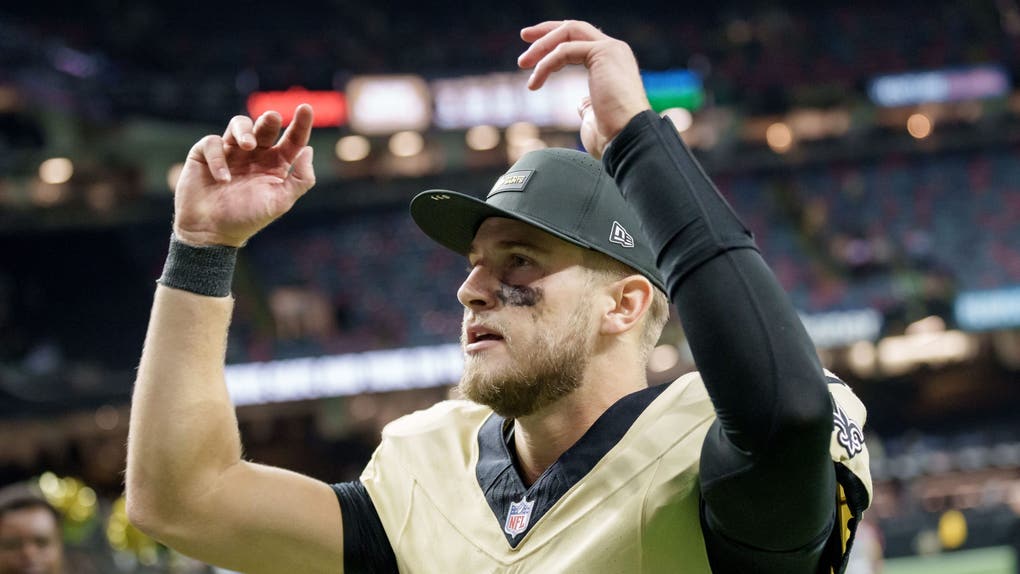 New Orleans Saints quarterback Tyler Shough celebrates after a win.
