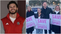 Side-by-side of Monroe AD Chet Hesson and several girls holding signs that say "Save Women's Sports."
