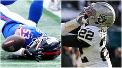side-by-side of a New York Giants player and a Las Vegas Raiders player.