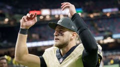 New Orleans Saints quarterback Tyler Shough celebrates after a win.