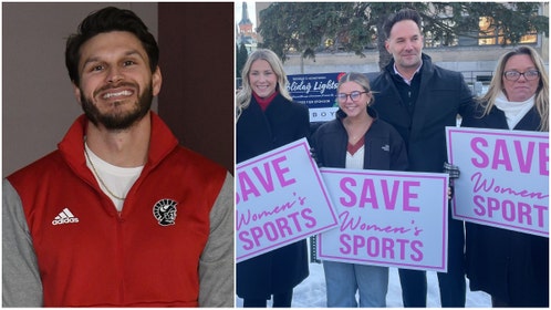 Side-by-side of Monroe AD Chet Hesson and several girls holding signs that say "Save Women's Sports."