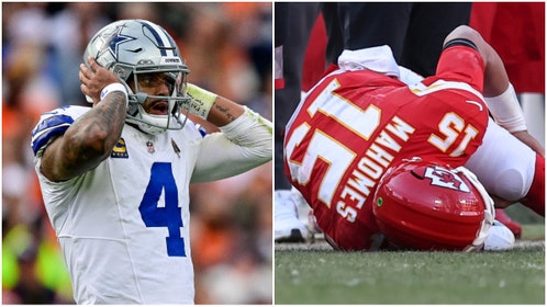Side-by-side of Dallas Cowboys QB Dak Prescott and Kansas City Chiefs QB Patrick Mahomes. 