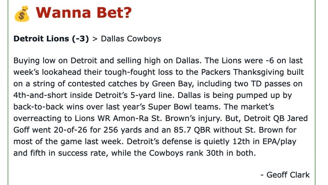 My analysis of the Dallas Cowboys at Detroit Lions on Thursday Night Football in NFL Week 14 for the OutKick newsletter. 