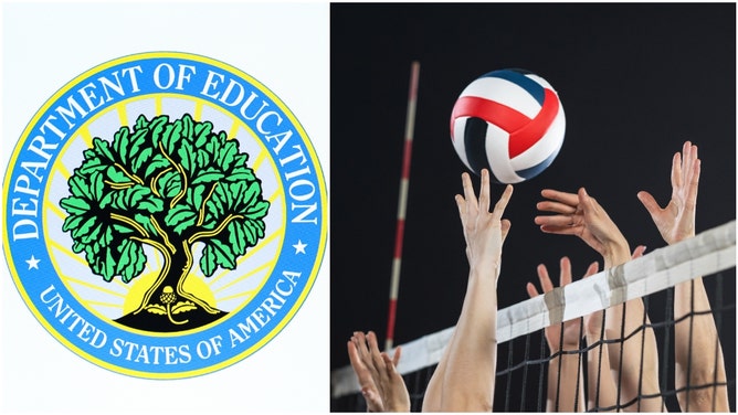 Side-by-side of U.S. Department of Education logo and a stock photo of girls playing volleyball.