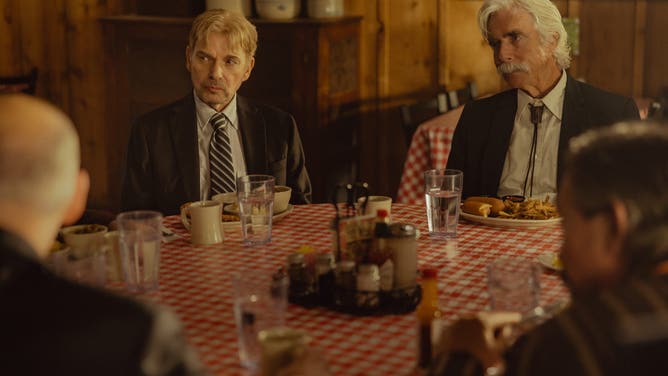 Billy Bob Thornton as Tommy and Sam Elliott as T.L. in Landman episode 4, season 2, streaming on Paramount+. Photo Credit: Emerson Miller/Paramount+