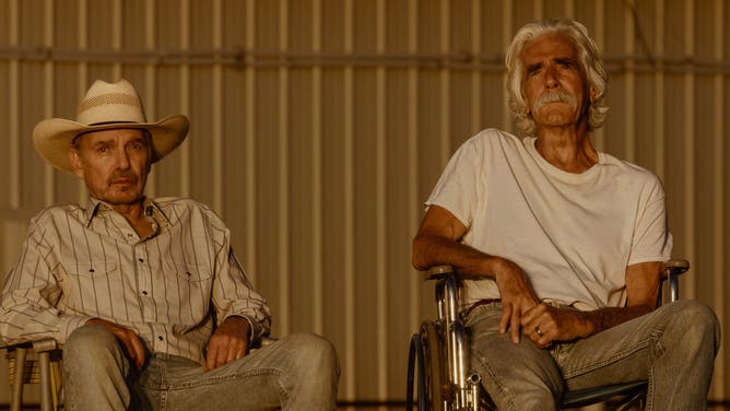 Billy Bob Thornton as Tommy and Sam Elliott as T.L. in Landman episode 4, season 2, streaming on Paramount+. Photo Credit: Emerson Miller/Paramount+