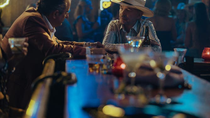 Andy Garcia as Gallino and Billy Bob Thornton as Tommy Norris in Landman episode 6, season 2, streaming on Paramount+. Photo Credit: Emerson Miller/Paramount+