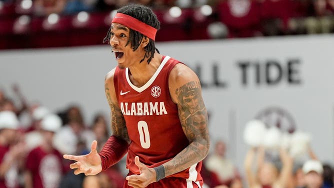 Alabama guard Labaron Philon Jr. celebrates after making a three pointer against Clemson.
