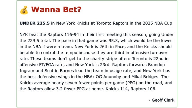 My analysis for the New York Knicks at the Toronto Raptors Tuesday in the 2025 NBA Cup for the OutKick newsletter. 