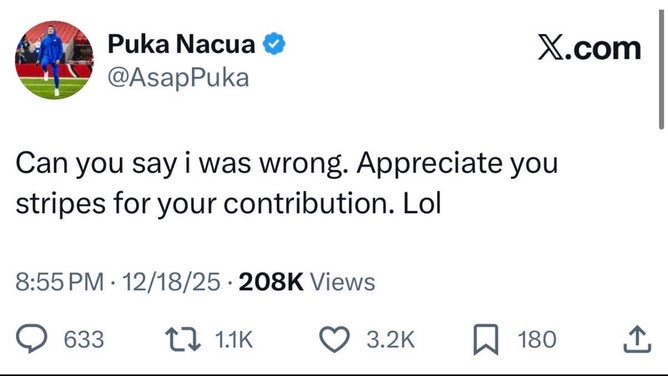 Screenshot of since-deleted Puka Nacua post on X criticizing NFL officiating