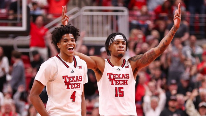 Texas Tech players Christian Anderson (4) and JT Toppin react to a play against Sam Houston