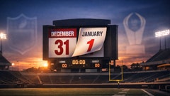 empty college football stadium at dusk with scoreboard flipping from Dec. 31 to Jan. 1