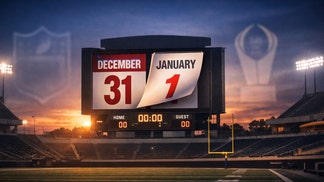 empty college football stadium at dusk with scoreboard flipping from Dec. 31 to Jan. 1