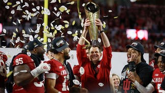 Curt Cignetti celebrating the Hoosiers' national championship victory