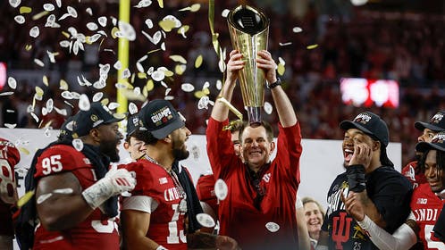 Curt Cignetti celebrating the Hoosiers' national championship victory