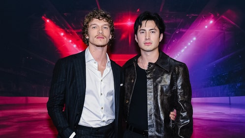Connor Storrie and Hudson Williams at the premiere of "Heated Rivalry" at TIFF Lightbox.  
