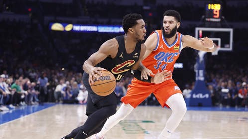 Cleveland Cavaliers All-Star Donovan Mitchell drives the baseline vs. the Oklahoma City Thunder. (Photo credit: Alonzo Adams-Imagn Images)