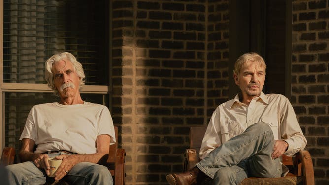 Sam Elliott as T.L. and Billy Bob Thornton as Tommy in Landman episode 10, season 2, streaming on Paramount+. Photo Credit: Emerson Miller/Paramount+