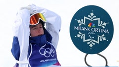 Swedish Olympic women's mogul skier Elis Lundholm and an NBC Milano Cortina 2025 logo.
