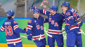 Dylan Larkin of Team United States scores for 1-0 and celebrates his goal with Charlie McAvoy of Team United States, Tage Thompson of Team United States, Jack Hughes of Team United States and Quinn Hughes of Team United States during the Men's Ice Hockey Quarterfinal match between USA and Sweden on day twelve of the Milano Cortina 2026 Winter Olympic games at Milano Santagiulia Ice Hockey Arena on February 18, 2026 in Milan, Italy. 