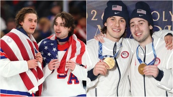 USA hockey star Quinn Hughes thanked the troops after winning the gold medal on Sunday. Watch a video of his comments. (Photo by Gregory Shamus/Getty Images and Photo by Joe Scarnici/Getty Images)