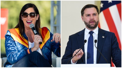Side-by-side of podcast host and ESPN contributor Sarah Spain and the Vice President of the United States J.D. Vance.