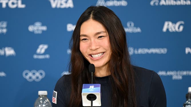 Chloe Kim of Team United States speaks during a Team United States Snowboard Halfpipe Press Conference at Livigno Snow Park. 